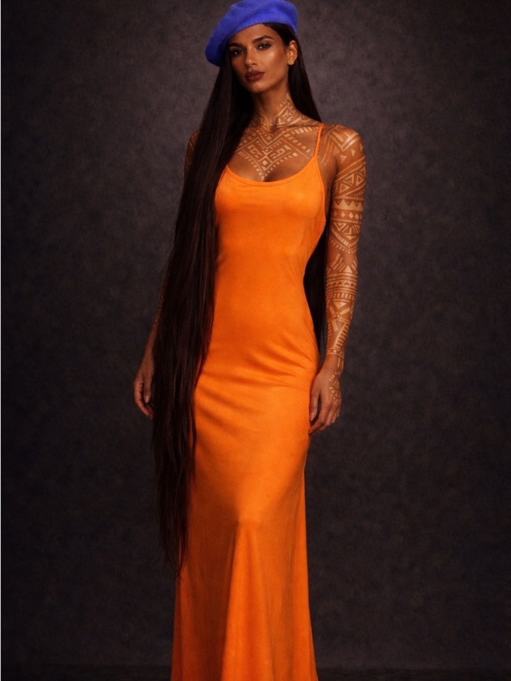 Satin Scoop-Neck Orange Maxi Dress for Women
